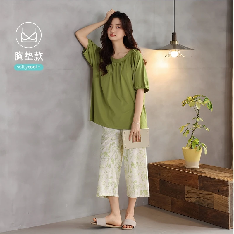 Women's Sleepwear Summer Bralette One-Piece 2026 New Style Thin Short Sleeve Seven-Eighths Pant Set