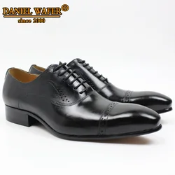 Genuine Leather Oxford Dress Shoes Men Lace Up Cap Toe Office Wedding Shoes Black Brown Brogue Pointed Oxfords Formal Shoes Men