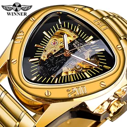 Fashion Winner Top Brand Triangle orologi da polso da uomo automatici meccanici Hollow Luxunry Golden Full Stainless Steel