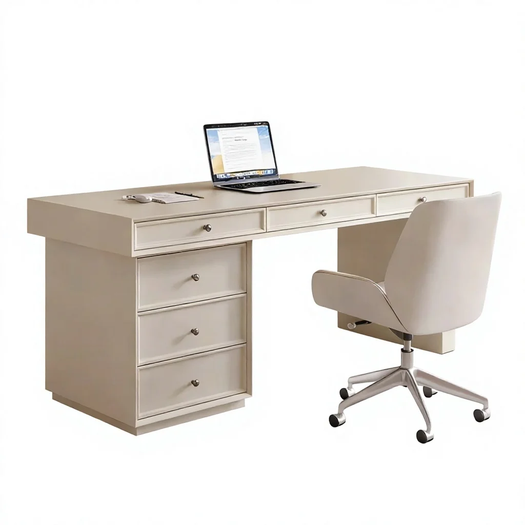 2026 Cream-style Modern Minimalist Solid Wood Study Desk Rounded Corners Storage Drawers Socket Function Office Home Bedroom Com