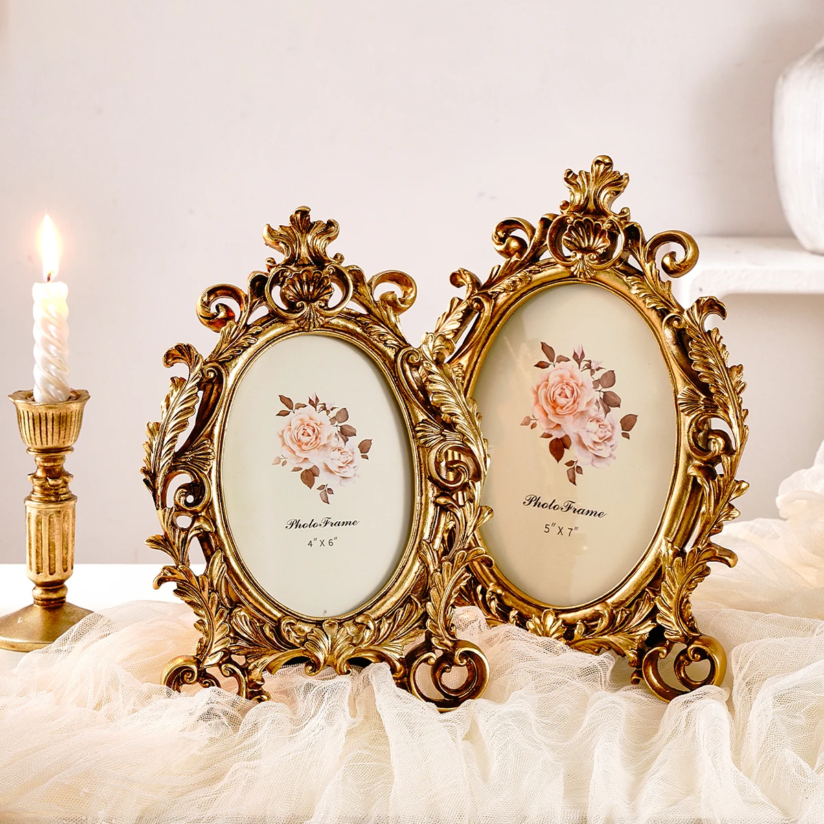 1pc European Style Vintage Gold Lace Oval Decoration Photo Frame for Photo Show Home Decoration