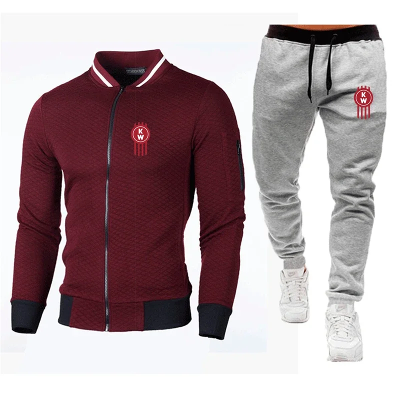 2024 Spring Autumn New Kenworth Logo Print Custom Made Warm Solid Color Men Zipper Jacket+Pants Pocket Casual Man Sportswear Set