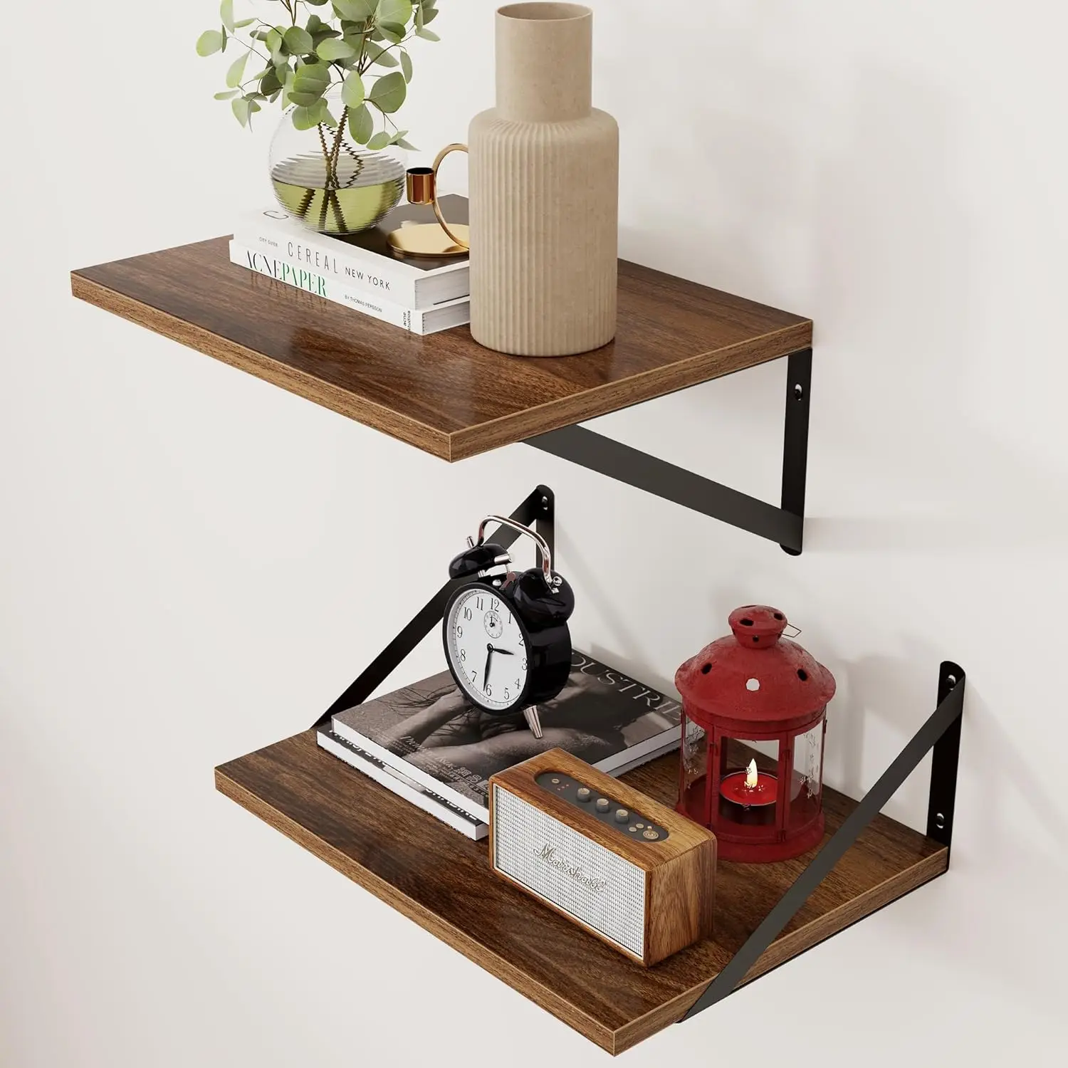 

Deep Floating Shelves - 16 Inch Wide x 12 Inch Deep Walnut Wall Shelves Set of 2 - Rustic Wide Wood Wall Mounted Shelve