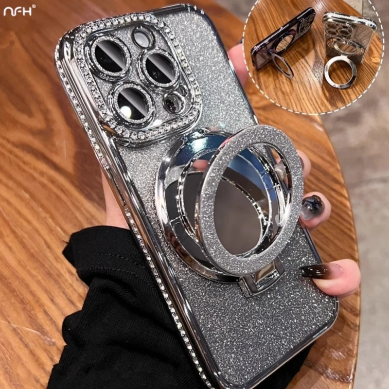 For iPhone 16 Pro Max Luxury Plating Flash Mirror Holder Stand Diamond Frame For iPhone 11 12 13 14 15Plus Lens Protective Cover