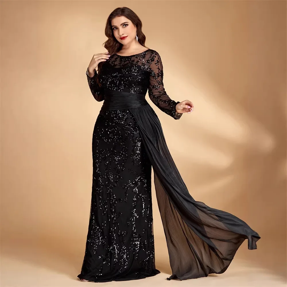 

Plus Size Black Scattered Sequin Mermaid Maxi Dress Round Neck Long Sleeve Ruched Waist Flowy Chiffon Sash Train Evening Gown