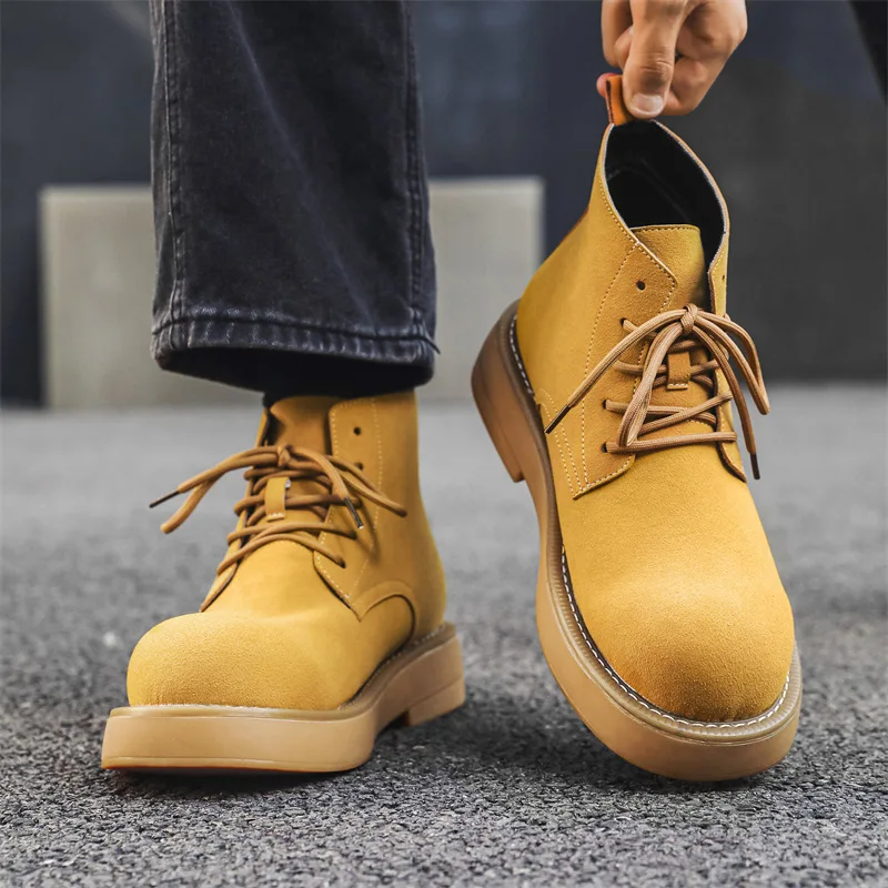 

men's casual outdoors desert boots lace-up cow suede leather shoes cowboy tooling work boot handsome platform ankle botas hombre