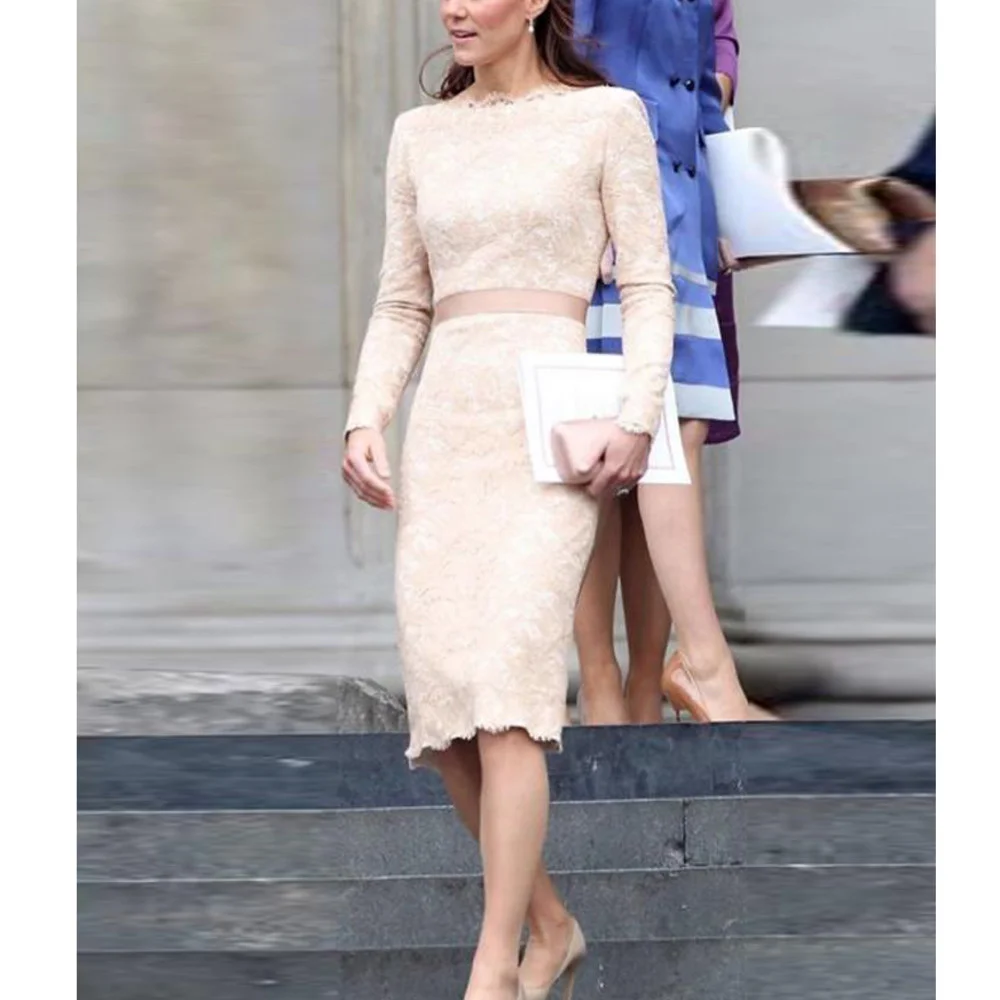 Princess Kate Lace Knee Length Dress Elegant Women's Long Sleeves Vintage Slim Casual Party Workplace Office Female Pencil Dress