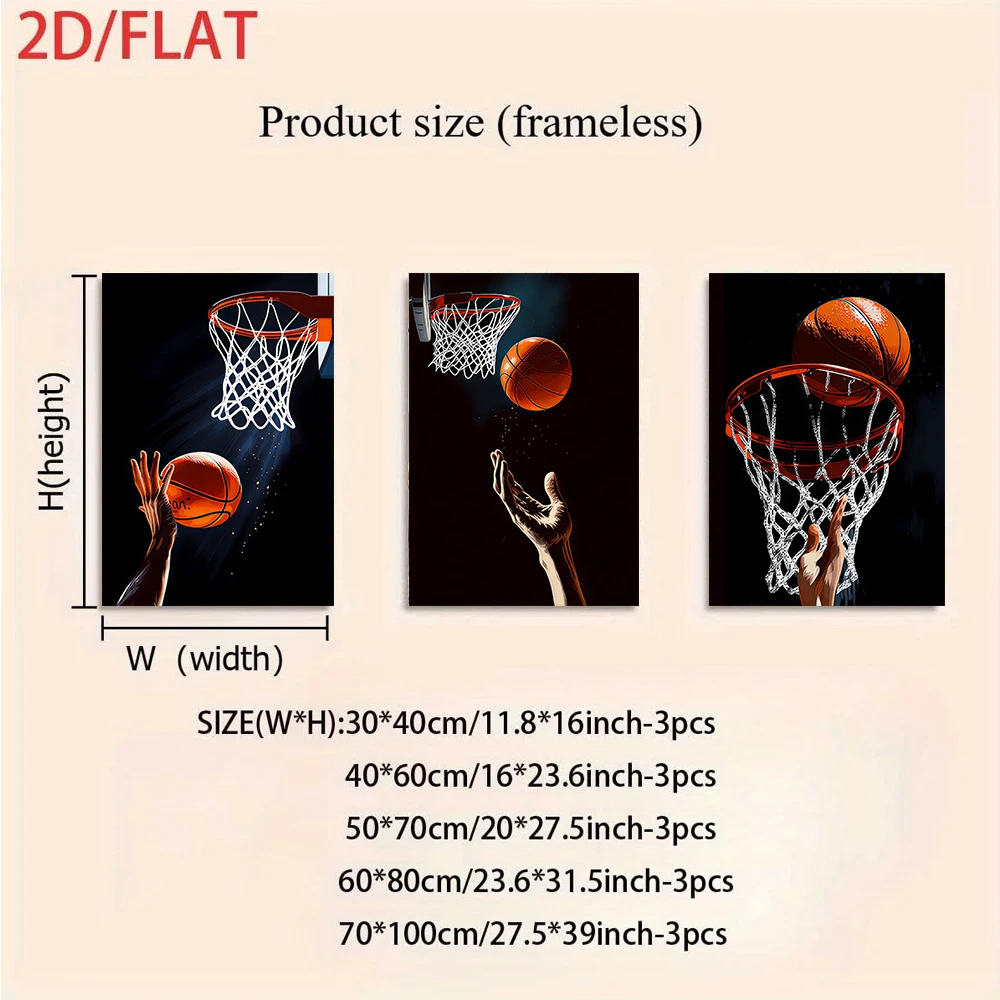 1 Set Modern Basketball Sports triptych frameless Wall Art for Living Room Bedroom Study, Minimalist Sports Theme Mural, 2Dflat