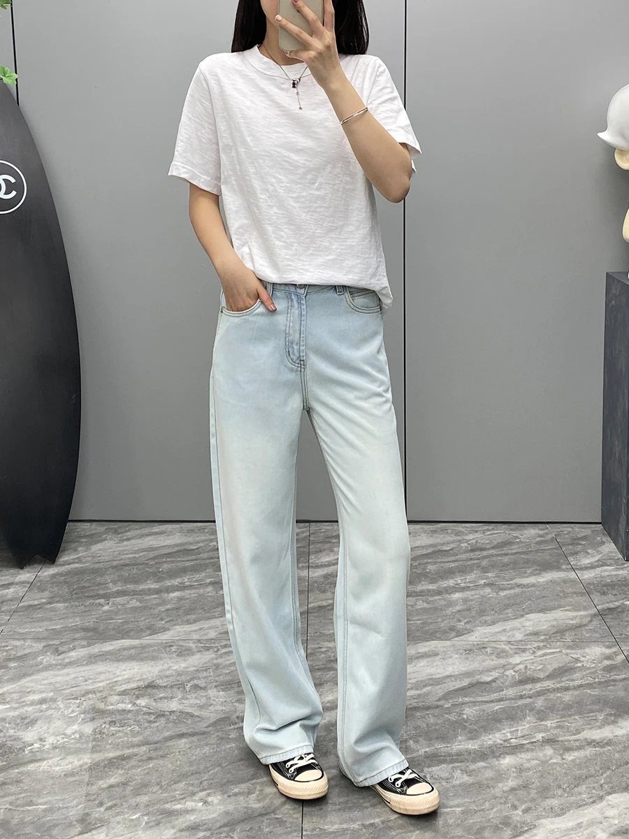 

Удобные летние джинсы из ацетатного хлопка с высокой талией, легкие, дышащие, из тонкой ткани, широкие штанины, повседневные брюки Slim Fit