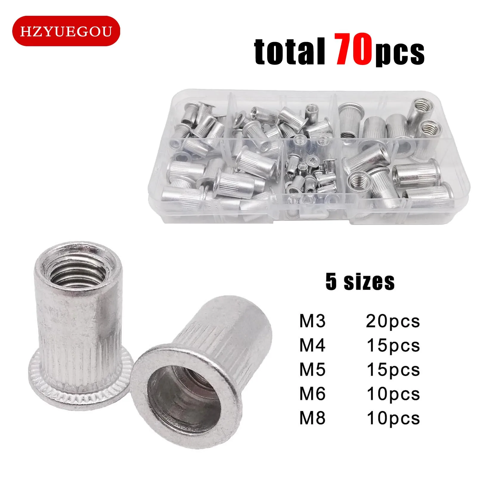 70/205pcs/box Aluminum Insert Rivet Nut Rivnut Nutsert Mix M3 M4 M5 M6 M8 Size Set Assortment Kit Flat Head High Quality