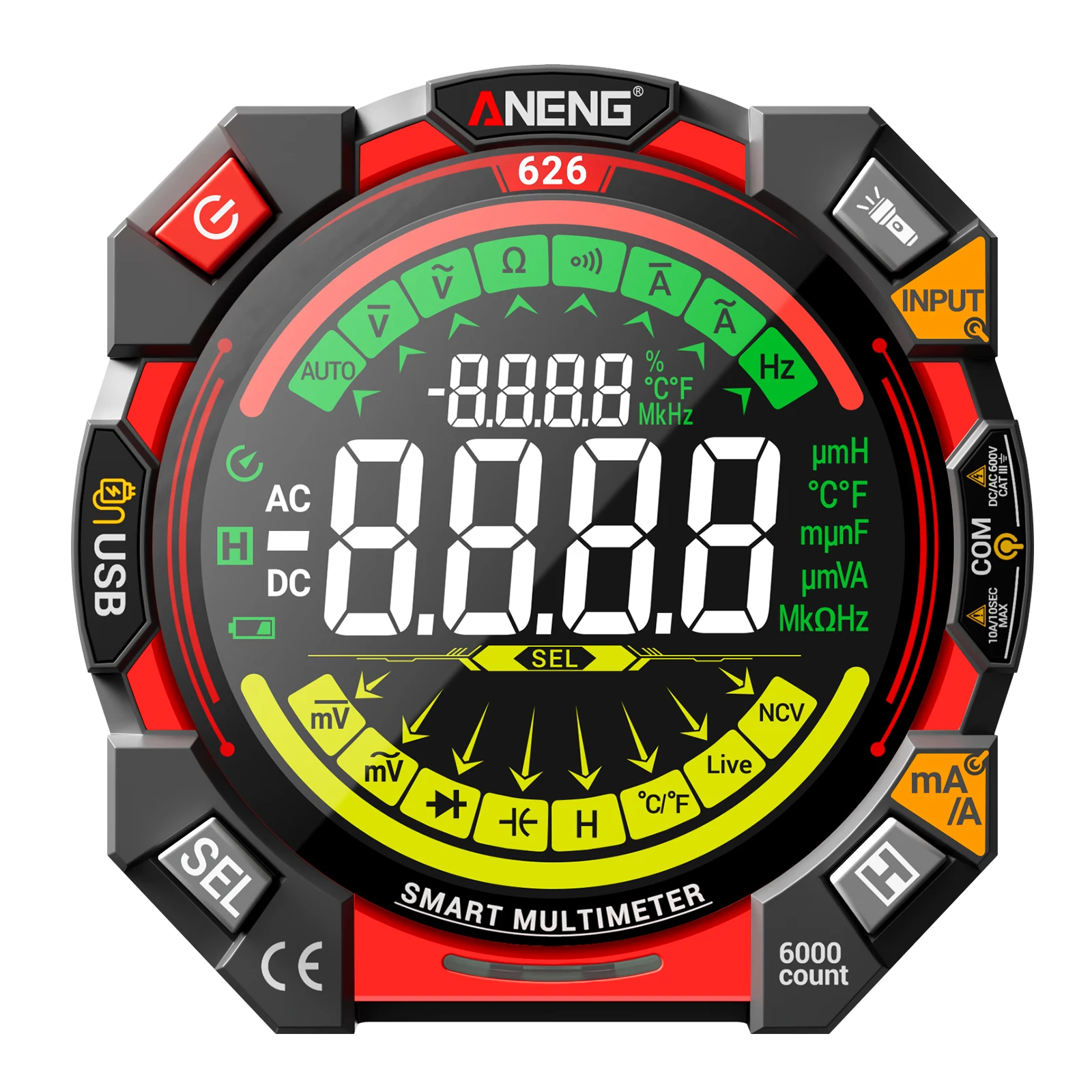 

ANENG 626 Compact Multimeter 7MHz AC/DC Voltage Current 20mF VA Color Resistance Meter Test 600V USB Rechargeable Tools