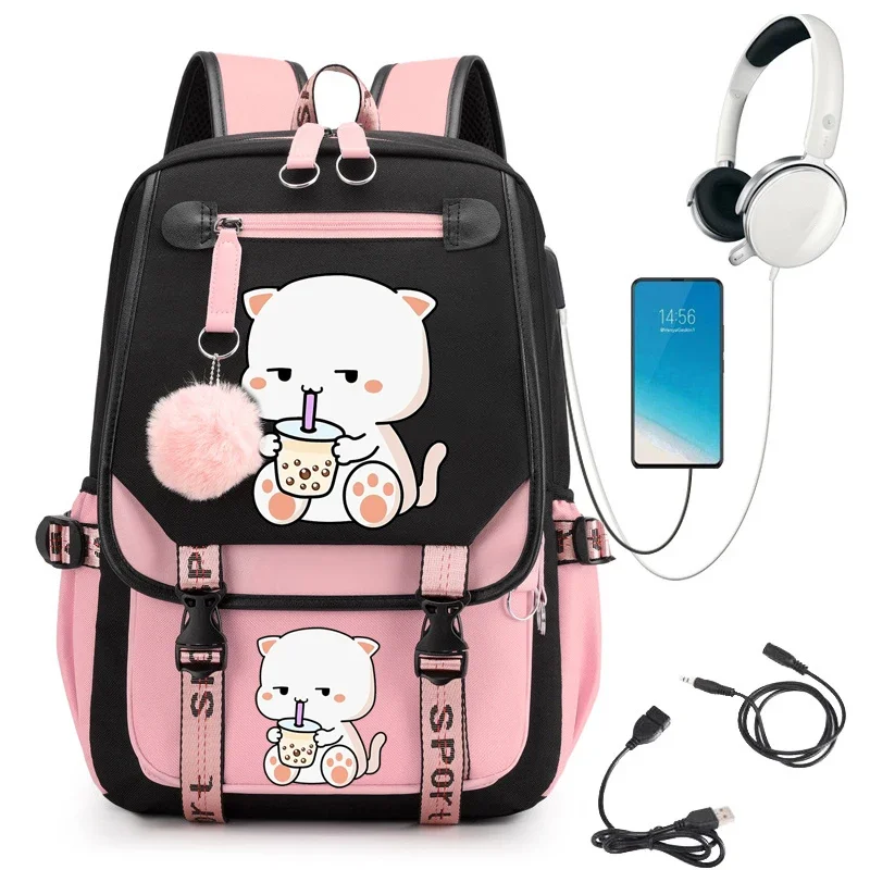 Mochila Cartoon para Meninas Adolescentes, Boba Tea, Bubble Tea, Mochilas Escolares para Mulheres, Kawaii, Viagem, Anime Mochila, Multi Bolsos