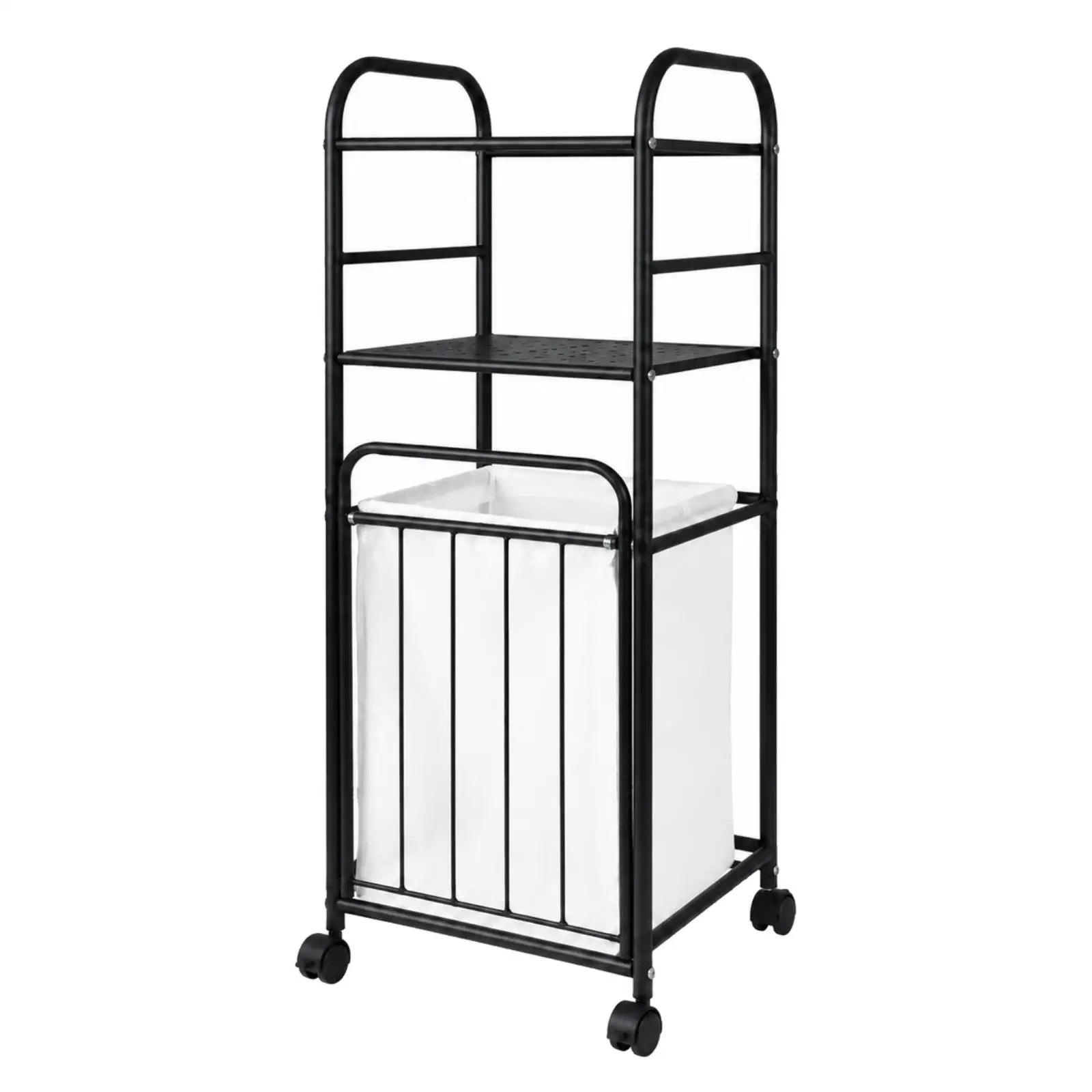 Laundry Storage Rack with Material Bag Multi-Level Freestanding Laundry Trolley with Perforated Shelf Removable for Washroom,