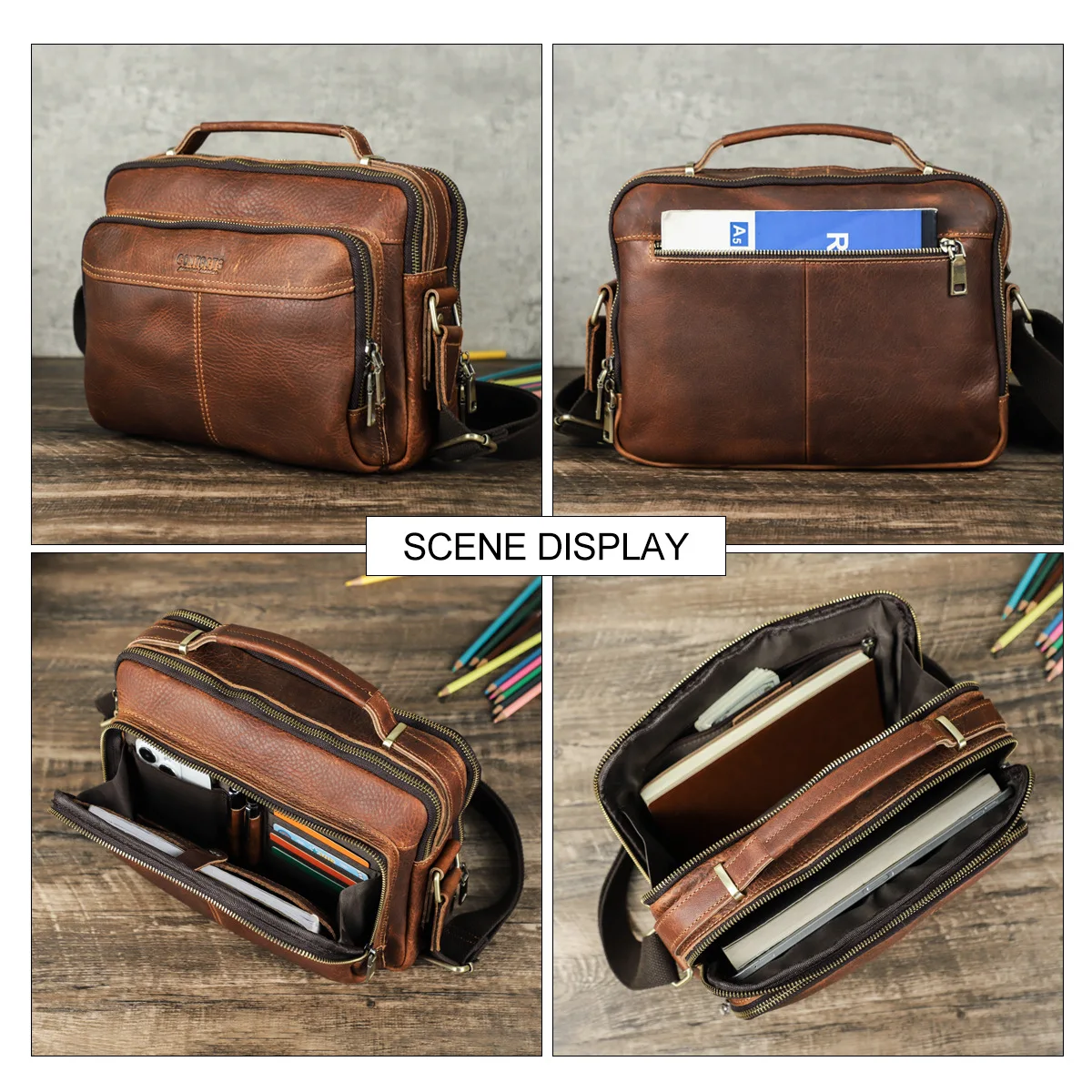 Crazy Horse Leather Messenger Bag for Men Vintage Crossbody Shoulder Bag Large Capacity Handbag for Travel Work