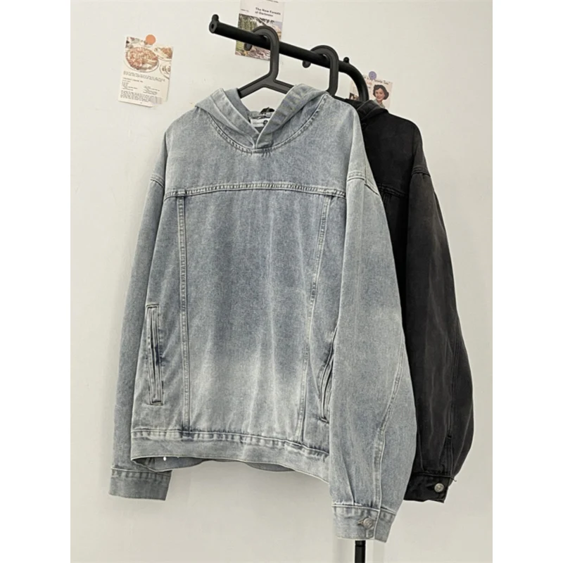 Denim Hoodies Spring Autumn Men & Women Couples Loose Pullovers American Retro Solid Lantern Sleeve Hooded Jean Sweatshirts