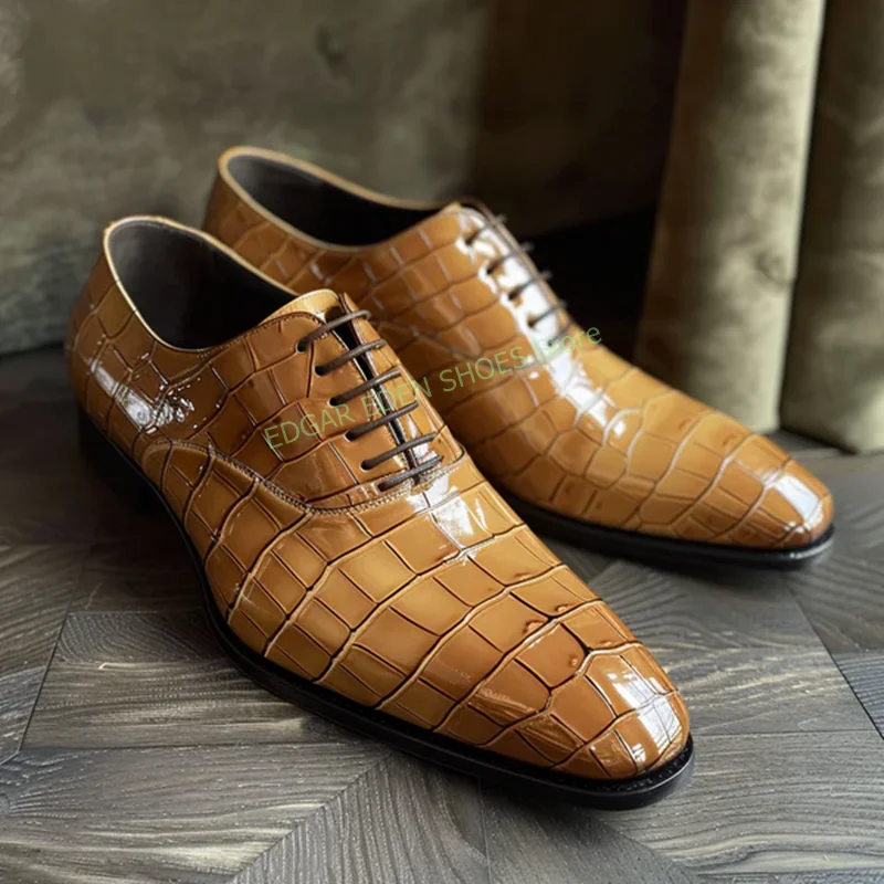 

Fashion Crocodile Skin Hand Painted Men's Single Shoes Orange Color Genuine Leather Lace Up Round Toe Party Dress Single Shoes