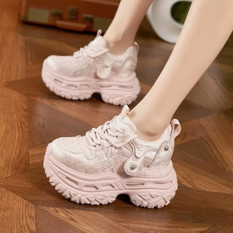 

9cm 2026 Spring Autumn Chunky Sneakers Women Platform Sports Dad Shoes Woman Goth Thick Bottom High Heels Female Leather Sneaker