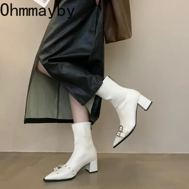 Pointed Toe Women Slimming Ankle Boots Fashion Belt Buckle Shoes Autumn Winter Thick Heel Ladies Elegant Short Booties