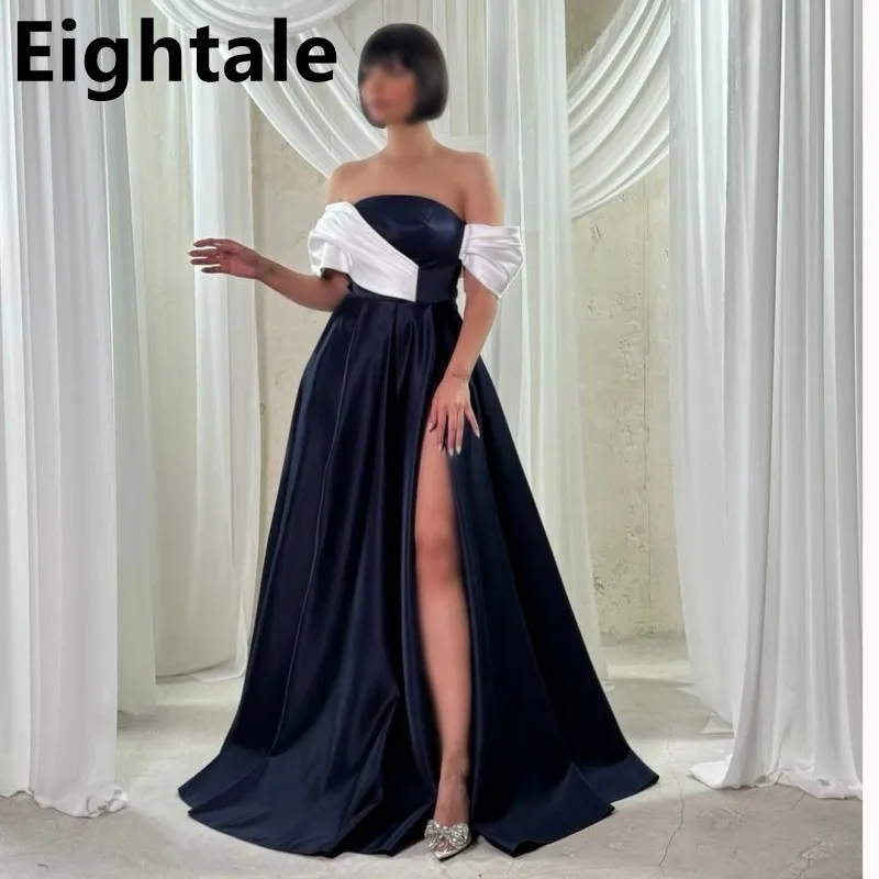 

Eightale 2025 Black And White Sexy Slit Satin Prom Dress Off Shoulder Evening Dress Women Formal Party Gown Robes De Soirée