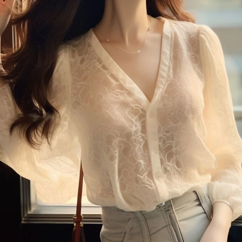 French Style Fashion 2024 Spring New Blouses Solid V-Neck Thin Lace Single-breasted Loose Comfortable Long Sleeve Women\'s Shirts