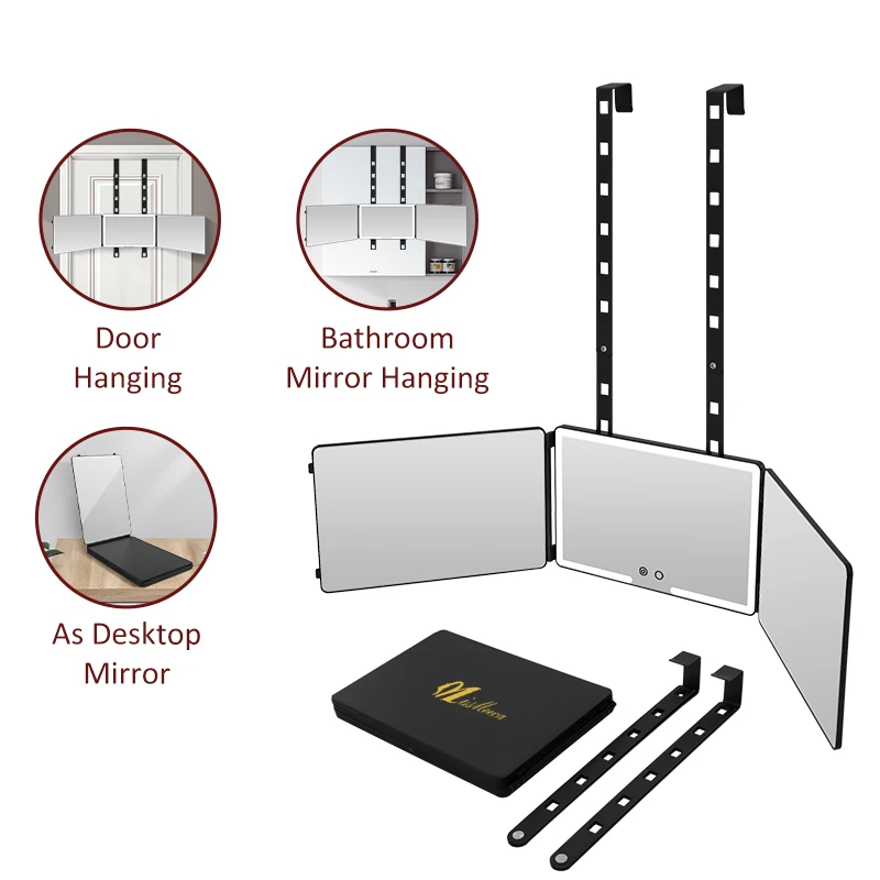 Missmeeca 3-Wege-Spiegel zum Haarschneiden mit Licht, Surround-Lichter, wiederaufladbarer Spiegel zum Färben von Haaren, Flechten, DIY-Haarschnitt