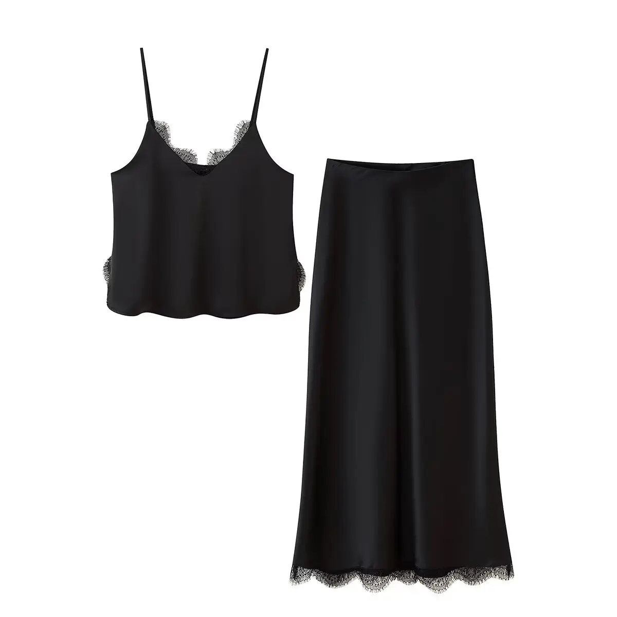 ZBZR Spring New Women's Faion Satin ter Ne Top Lace Trim Sensual Texture Top Women's Premium Faion Set 835049