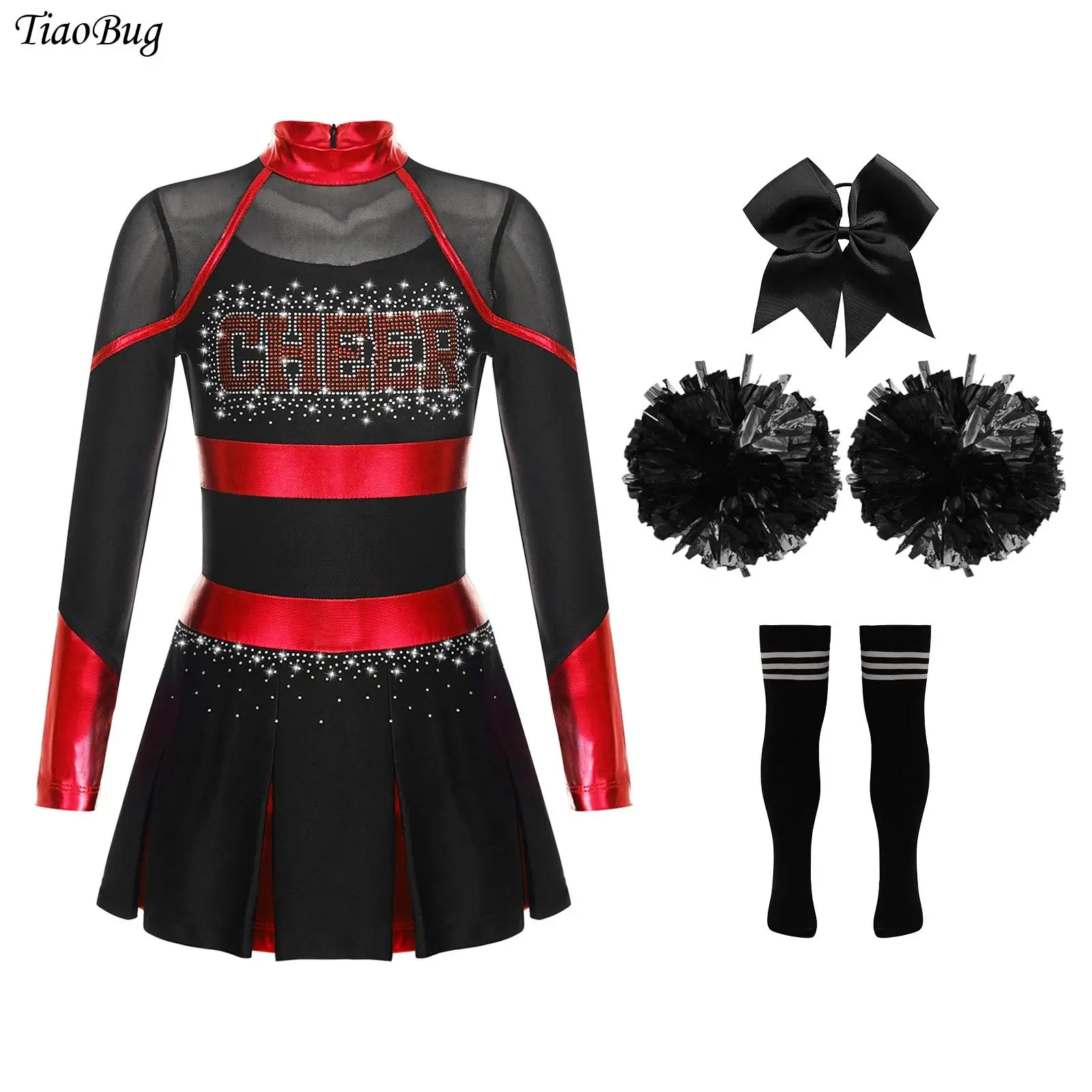 

Girls Cheerleading Costume Outfits Cheerleader Dance Uniforms Rhinestones Letter Print Metallic Pleated Dress School Performance