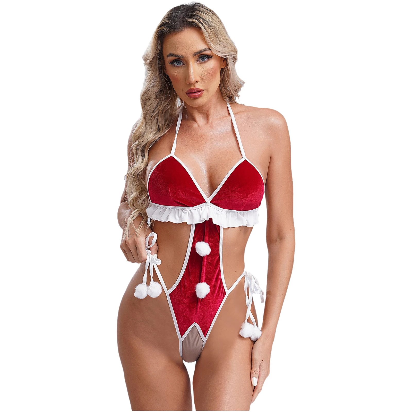 

Sexy Women Christmas Role Play Lingerie Nightwear Sets Underwear Plunging V Bra Crotchless Bodysuit Pom Pom Ruffle Jumpsuit