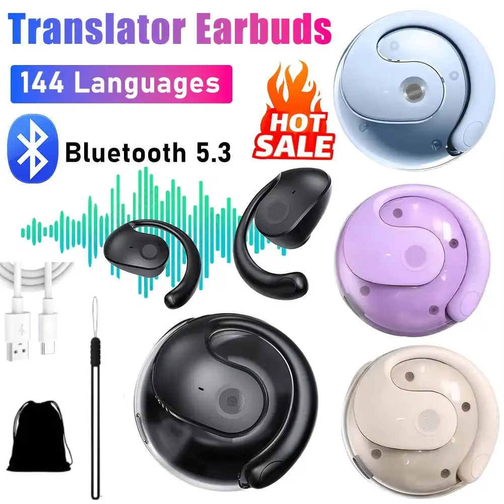 Wireless BT Translation Earbuds 144 Languages Real Time Translation Earphones Noise Cancelling Open-Ear Smart Voice AI Headphone