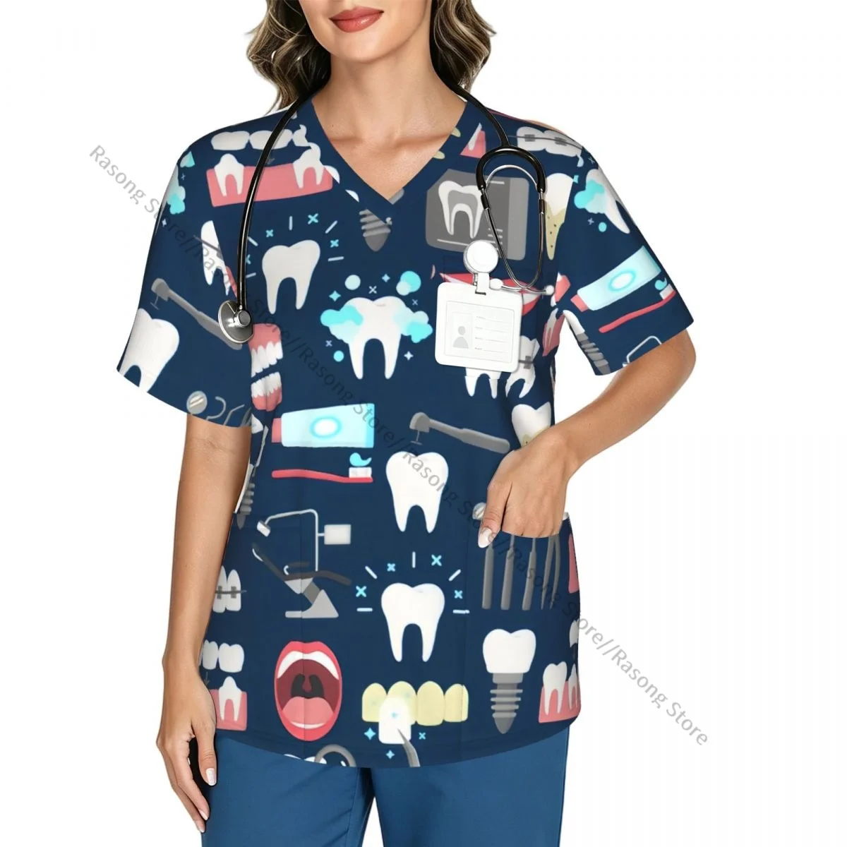 Women's Medical Scrub Top V Neck Short Sleeve Dental Pattern Stretch Nursing Uniform for Hospital Clinic