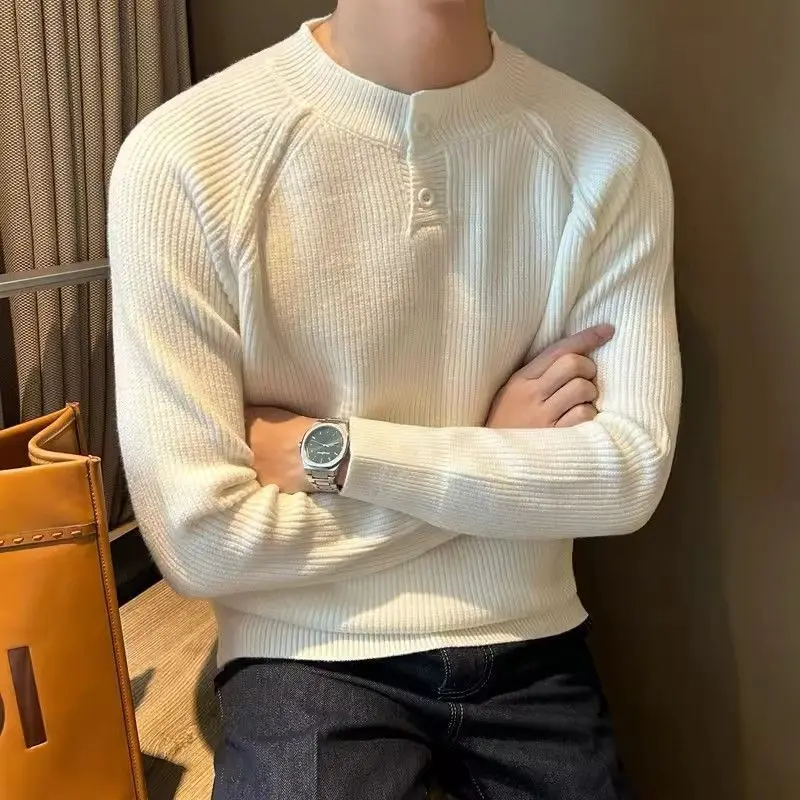 Spring Button Neck Pullover Sweater Japanese Solid Casual Raglan Shoulder Jumpers Men's Pullover Jacquard Henry Collar Knit Tops