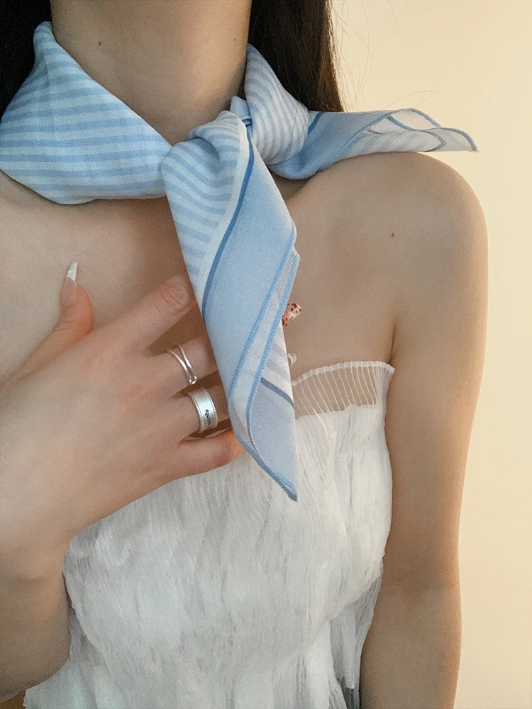 Blue Striped Square Scarf Women's Summer Versatile Hair Wrap Photography Atmosphere Decoration Small Towel Korean Style Multi...