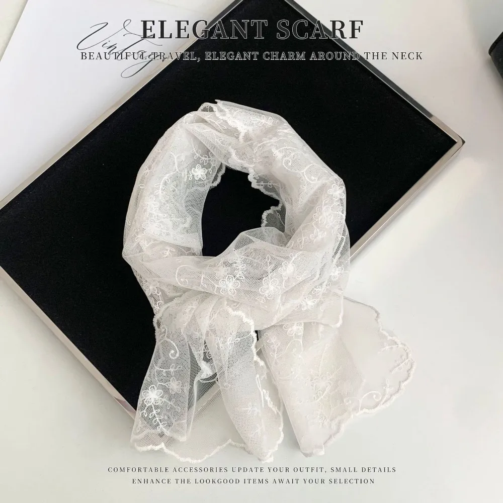 Long Lace Scarf Lightweight Breathable Sunscreen Lace Shawl Flower Embroidered Solid Color Neck Protection Scarf for Women