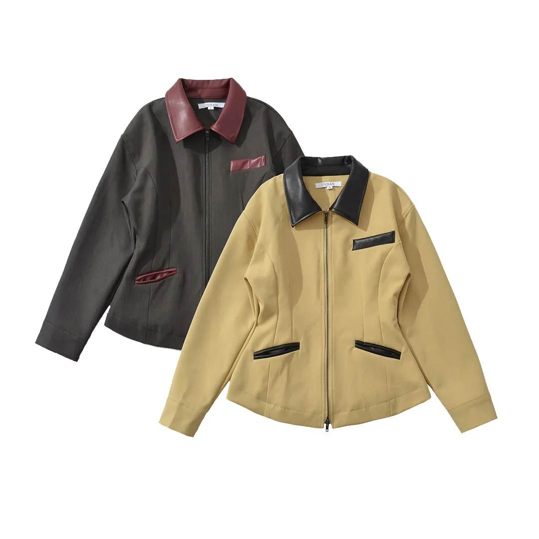 

Ins Autumn Lapel Collar Leather Double-head Zipper Jacket Women Solid Long Sleeve Patchwork Coat Streetwear Vintage Outwear
