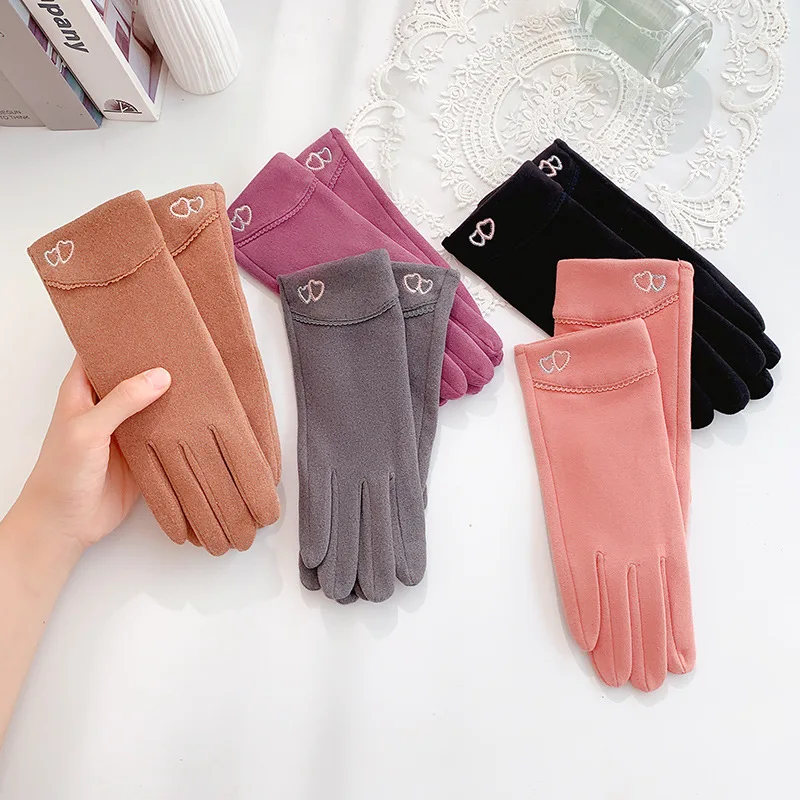 Guantes finos de pantalla táctil para mujer, manoplas de dedo cálidas, bonitos y encantadores, con bordado de corazón, a prueba de viento, para ciclismo, Otoño e Invierno