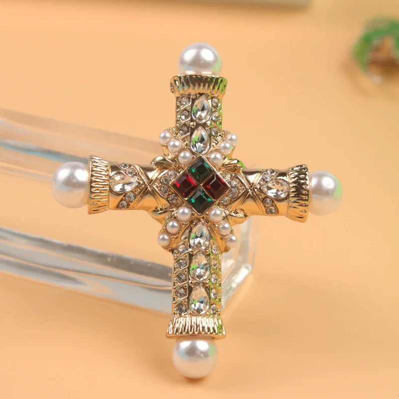 Palace Style Cross Brooches For Women Men Pearl Rhinestone Baroque Cross Party Casual Brooch Pins Gifts