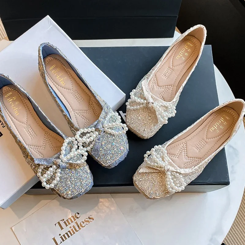 2024 Women 1.7cm Low Heels Elegant Bridal Flats Female Cute Pearl Bow Crystal Low Heels Lady Sweet Square Toe Slip On Flat Shoes