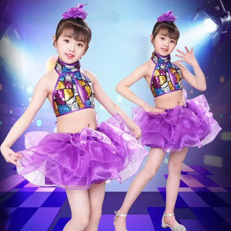 子供のためのショーコスチューム,モダンなジャズダンス服,ふわふわのスパンコールスカート,ステージパフォーマンス服,女の子のためのファッション