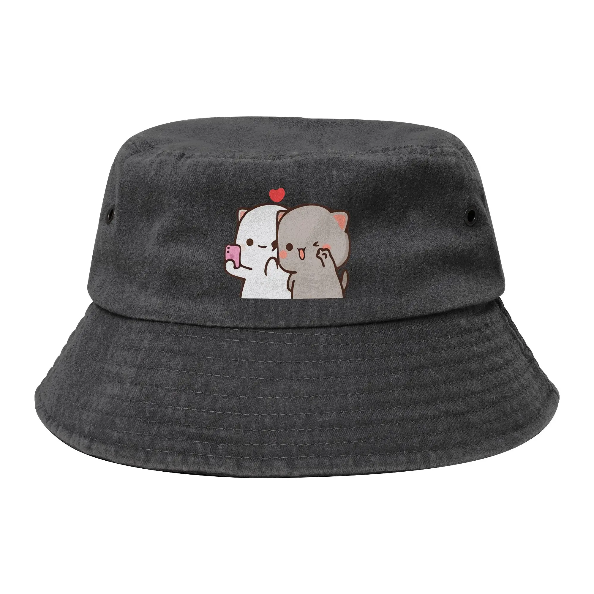 Peach And Goma Friend Bucket Hats for Teen Beach Mochi Cat Distressed Washed Field Hat UV Protection for Hiking Fisherman Hat