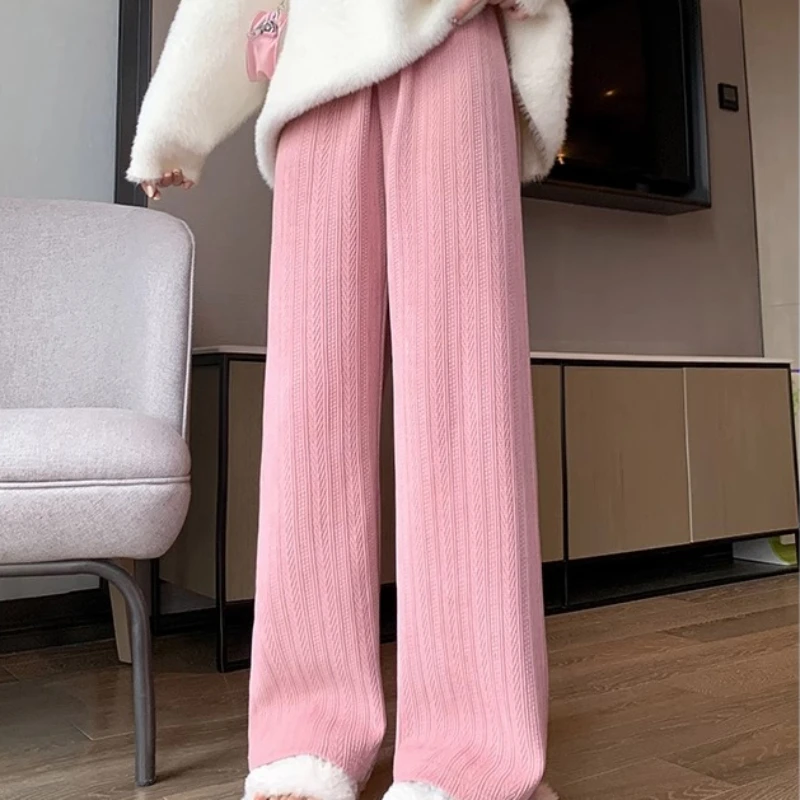 5 Colors Pants Women Wide Leg Loose Soft High Waist Gentle Harajuku Sweet Korean Style Knitted Designed Student Autumn All-match