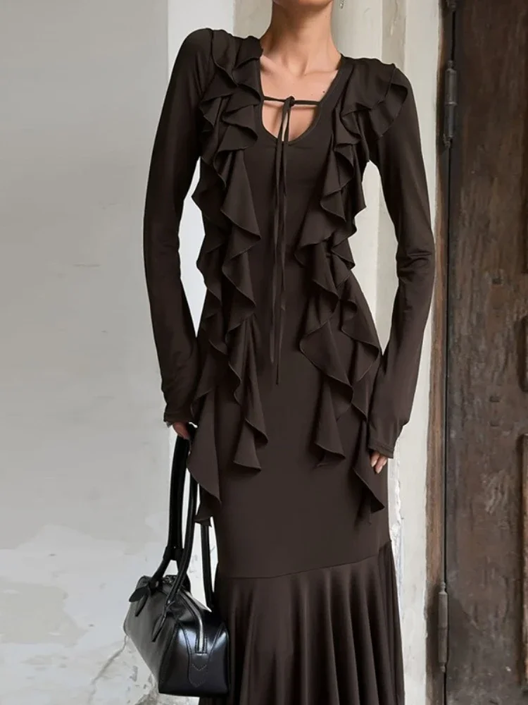 

Fashionable Ruffled Long Dress Lacing Elegant Long Sleeves Cinched Waist Pleats Party Dress Evening Female Maxi Dress 2025