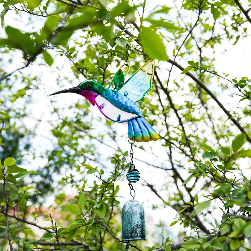 Glazed Iron Glass Hummingbird Wind Chimes Green Blue Colors Stained Glass Ornament For Window Outdoor