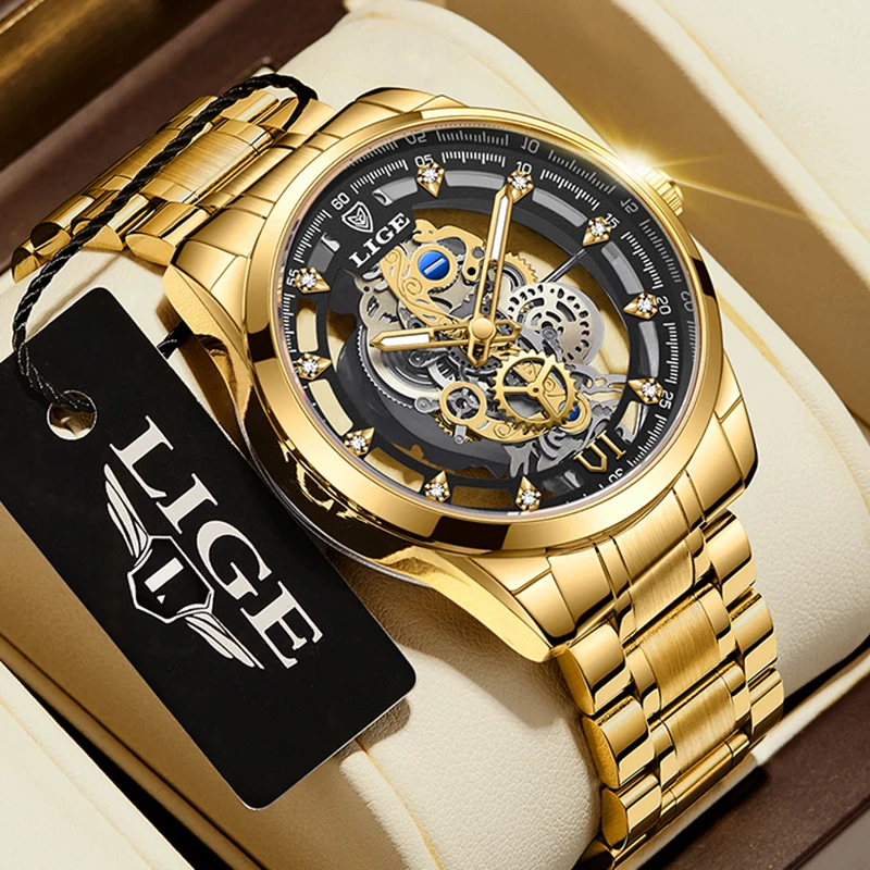 LIGE Top Brand Men\'s Watch Skeleton Quartz Watch Watch Gold Retro Fashion Men\'s Watch Men\'s Gift Top Brand Luxury Reloj Hombre