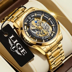 LIGE Top Brand Men's Watch Skeleton Quartz Watch Watch Gold Retro Fashion Men's Watch Men's Gift Top Brand Luxury Reloj Hombre