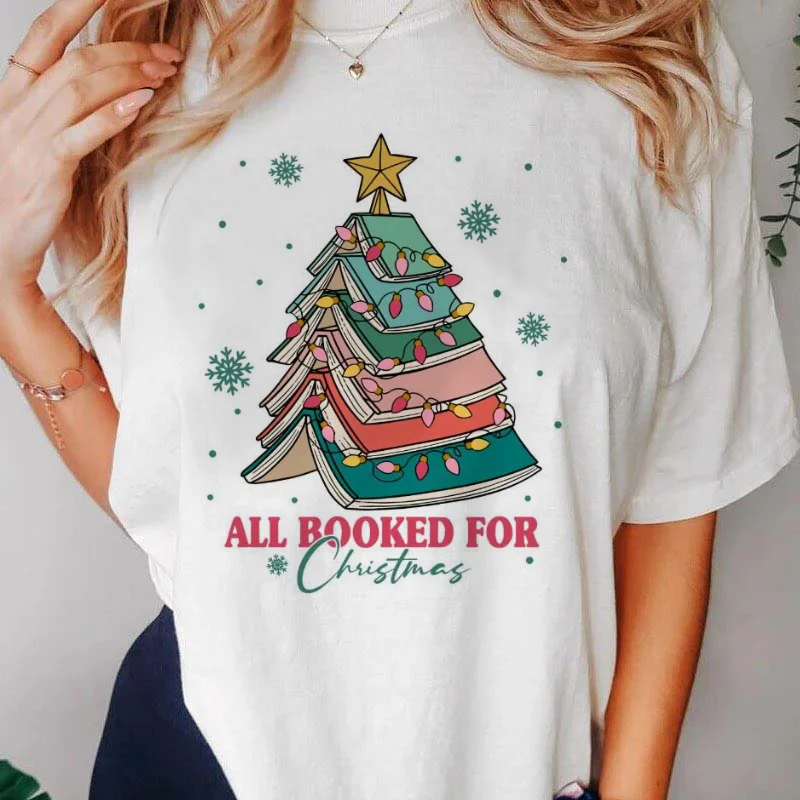 Camiseta de Natal estampada com decote em O feminino, árvore de Natal, toda reservada, fofa, anos 90, feliz ano novo, moda casual, camiseta gráfica