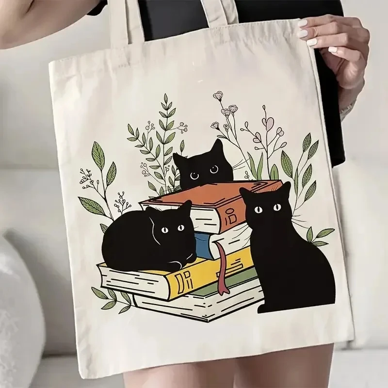 حقيبة يد مطبوعة على شكل قطة لطيفة، حقيبة تسوق كتف ذات سعة كبيرة للترفيه والاستخدام اليومي، حقيبة يد عصرية متعددة الأغراض وقابلة لإعادة الاستخدام