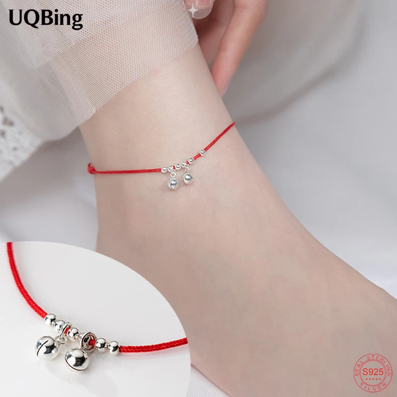 S925 فضة أجراس خلخال مجوهرات للقدم للنساء بيرفوت شاطئ محظوظ اليدوية الأحمر الأسود الحبل سلسلة الخلخال مجوهرات