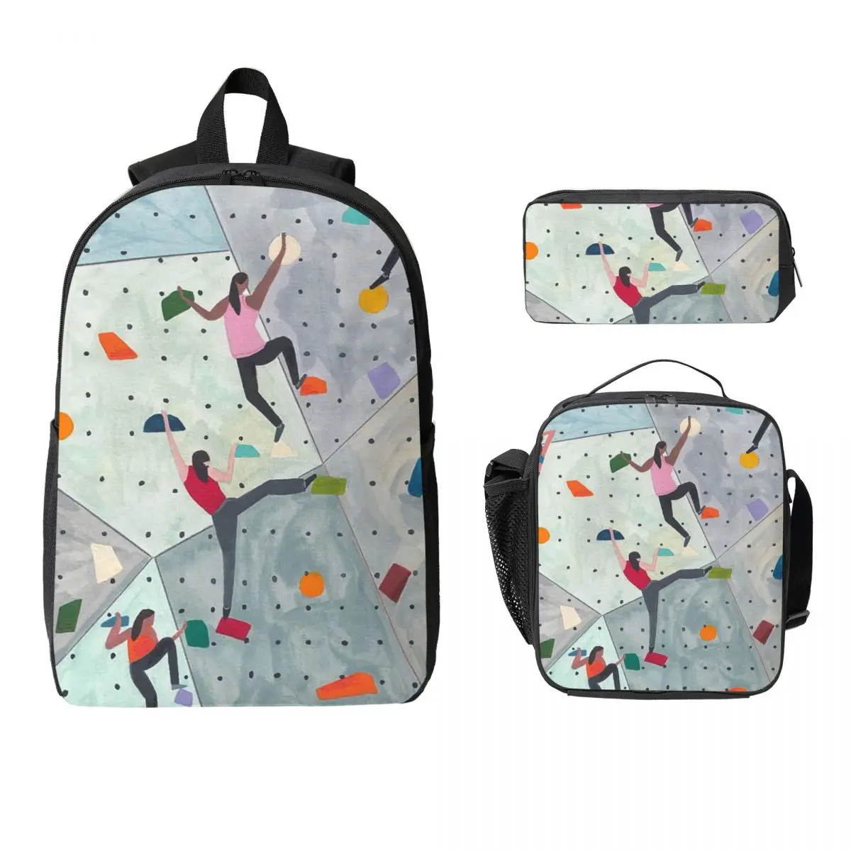 Rock Climbing Figure Sports Theme Backpack Student BookBag School Bag Computer Shoulder Bags 3ps Insulated Lunch Bag Pencil Case