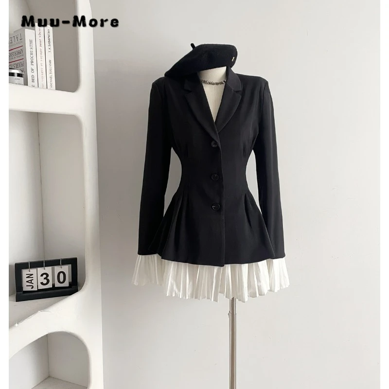 

2023 Winter Vintage Office Lady Long Sleeve Patchwork Midi Dresses Women Elegant Casual Notched Collar A-Line Blazer Dress