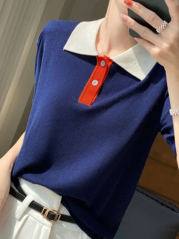 French Hit Color Striped Sweater for Women, Short Sleeve, Polo Collar, Button, Casual Knitted Top, Female Clothes, Summer, New F